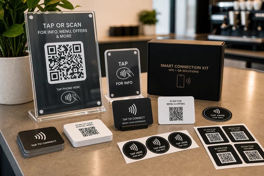 Business QR and NFC desk plaque photo