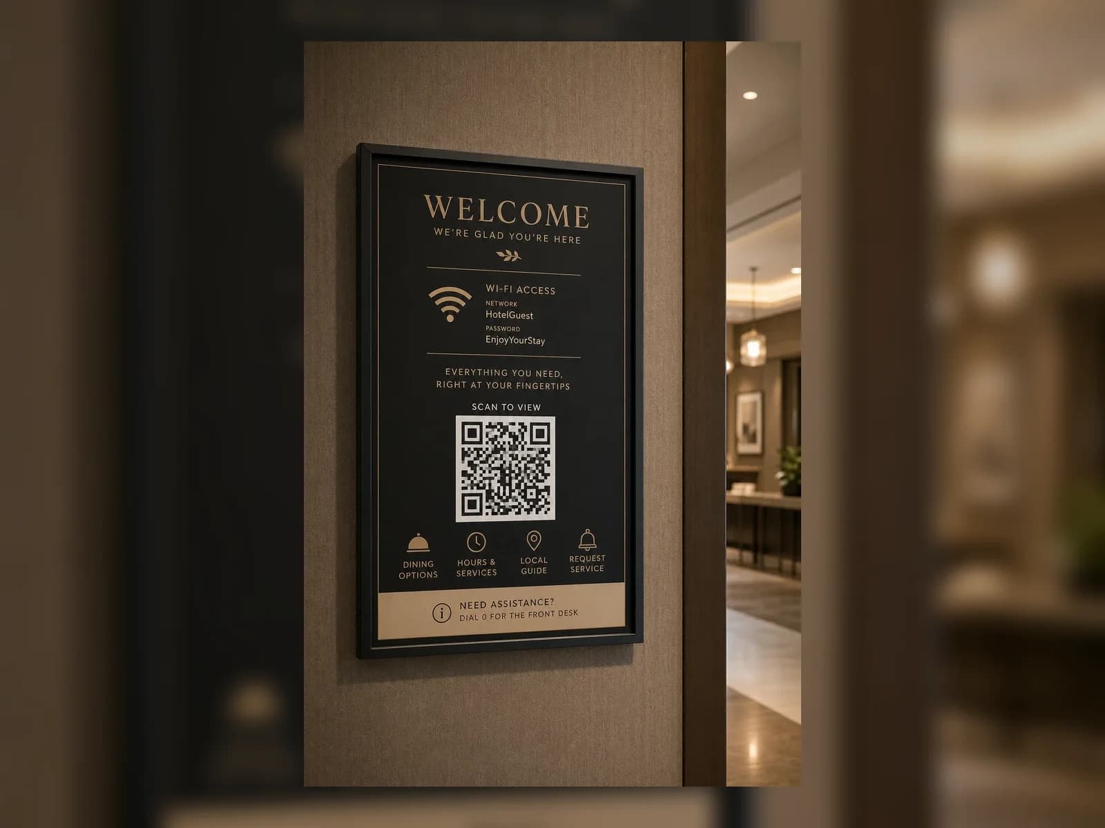 Hotel guest info SCANDATT poster and room touchpoint preview