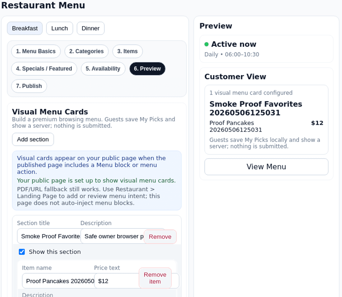 TappDatta restaurant menu setup wizard preview