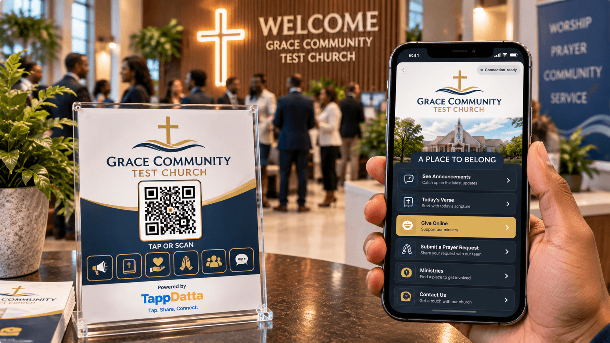 Grace Community Test Church welcome touchpoint beside a phone showing announcements, giving, prayer, and connection options
