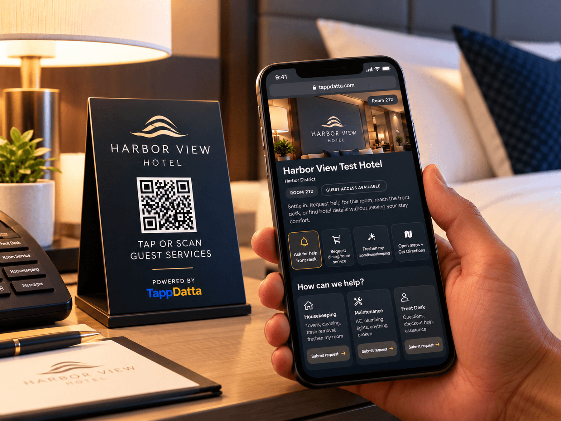 TappDatta hotel guest experience opened on a phone inside a hotel room after a tap or scan