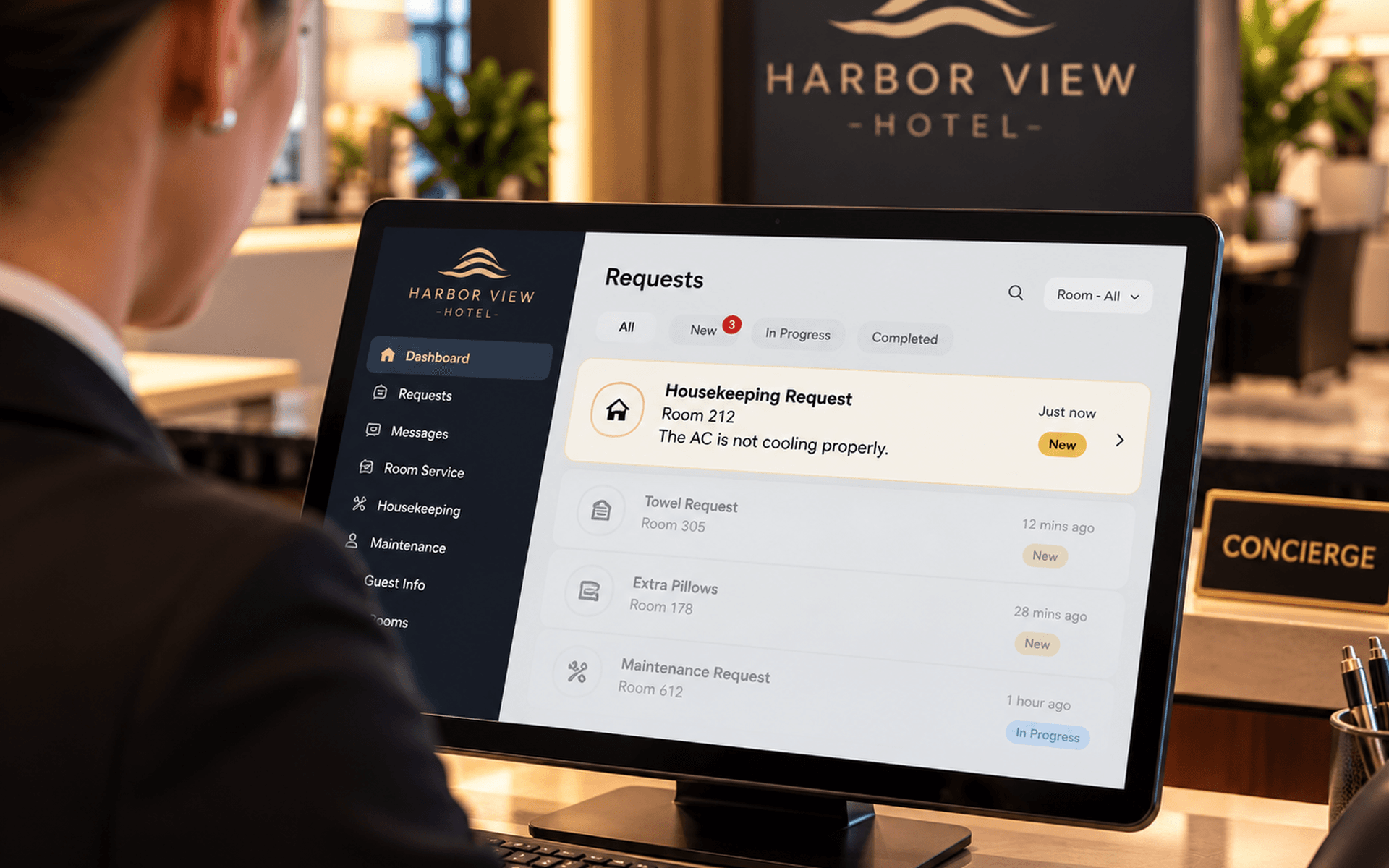 Hotel concierge dashboard showing the Room 212 guest request received by staff