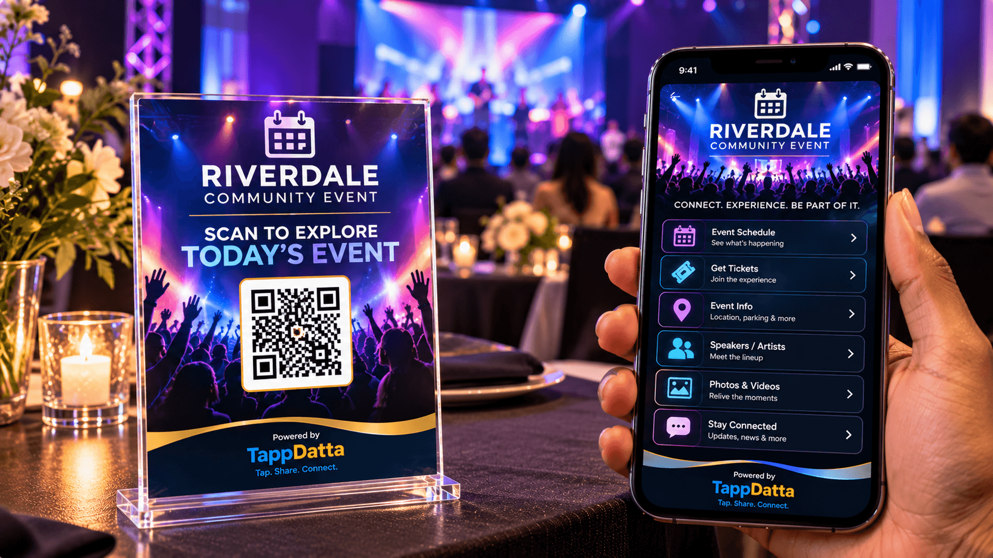 Riverdale Community Event sign beside a phone showing the live event guide