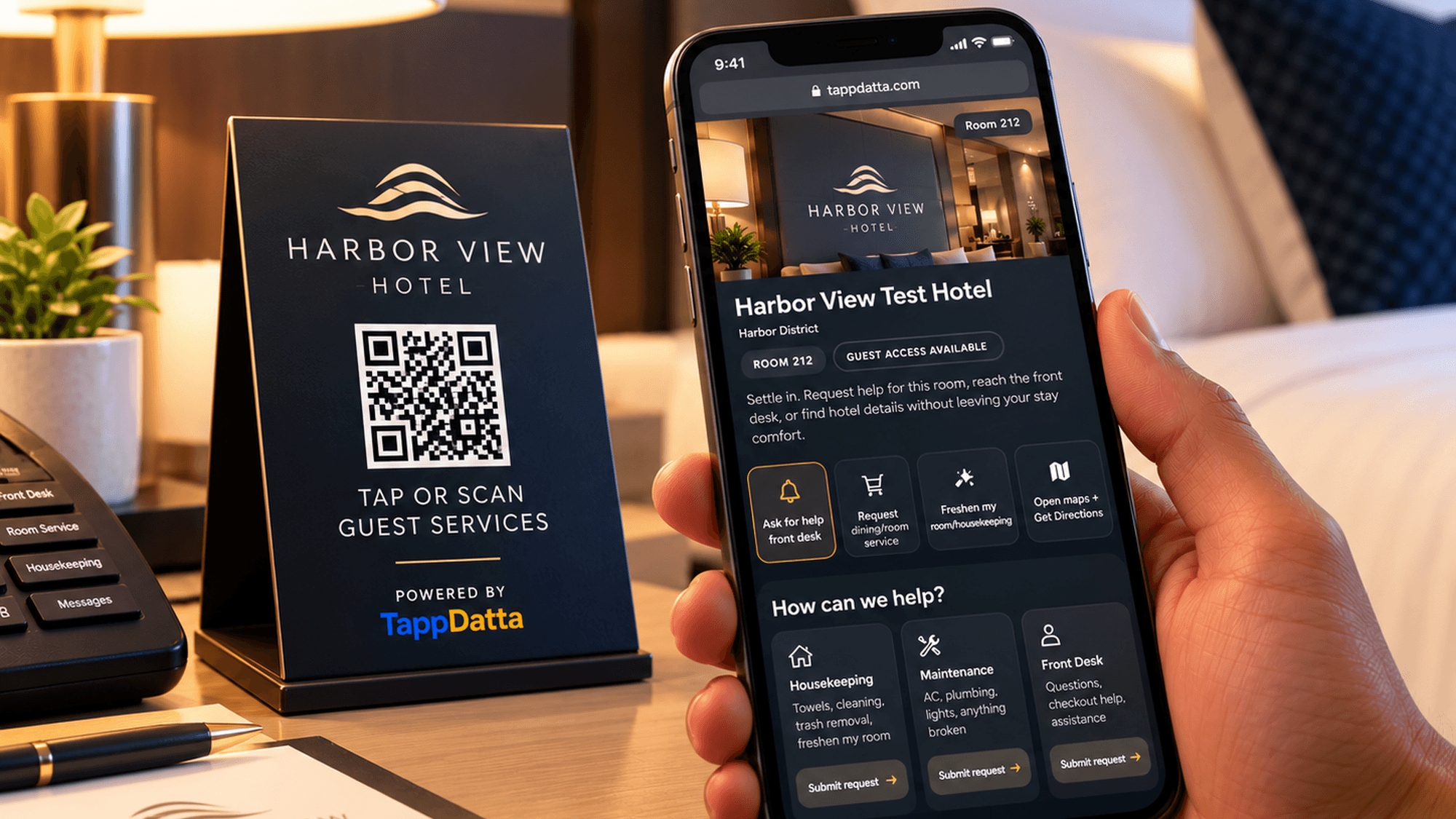 Harbor View hotel room touchpoint beside a phone showing Room 212 guest service options