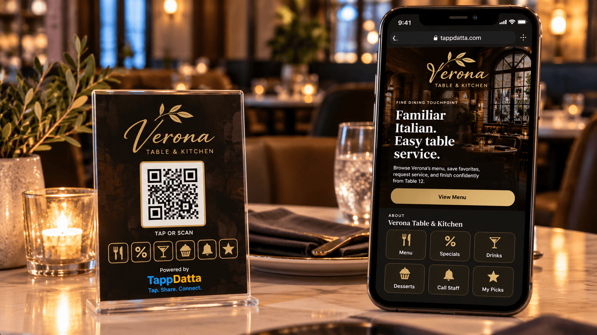 Verona Table & Kitchen table touchpoint beside a phone showing the restaurant guest experience