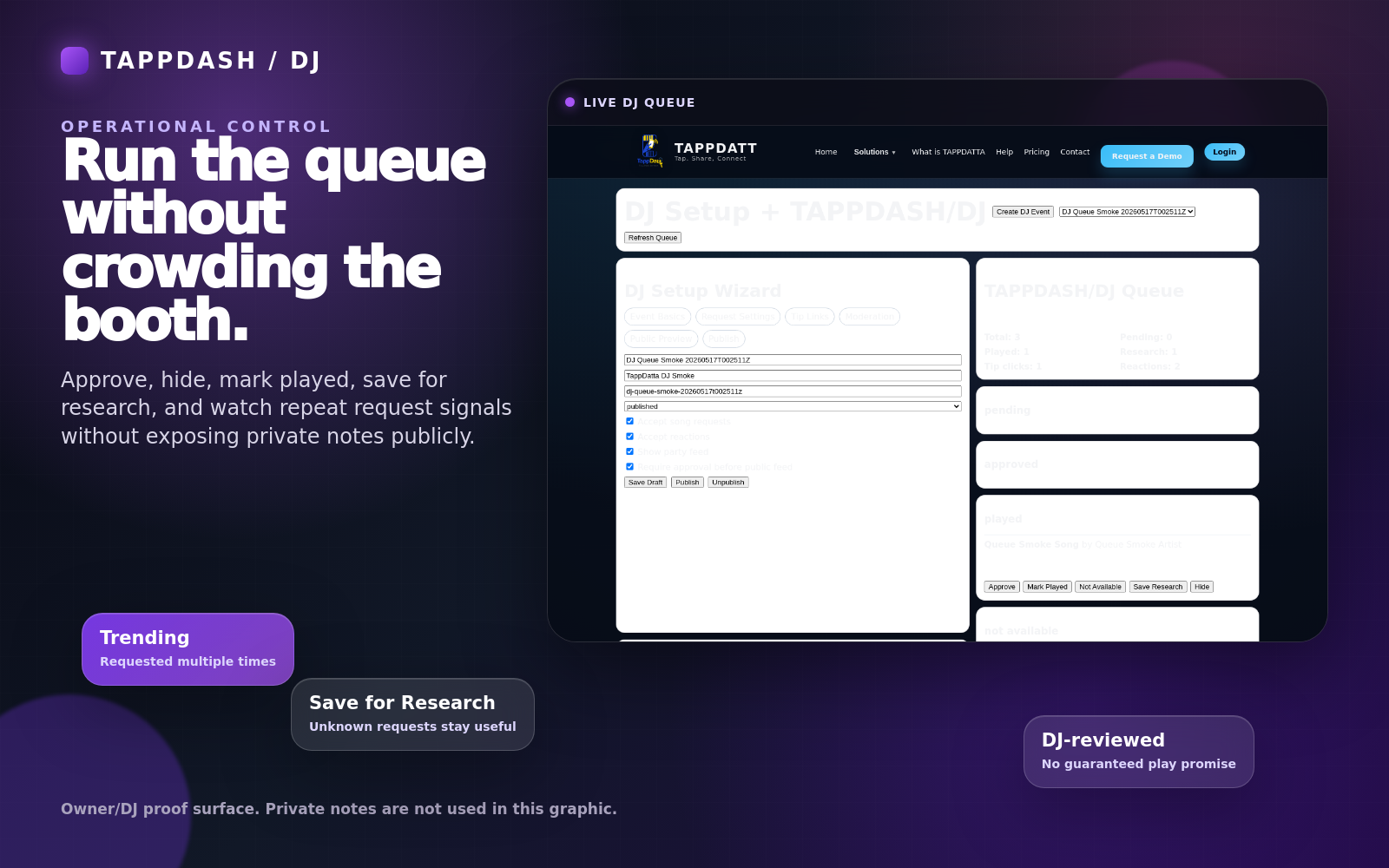TAPPDATT DJ queue dashboard with repeat request signal