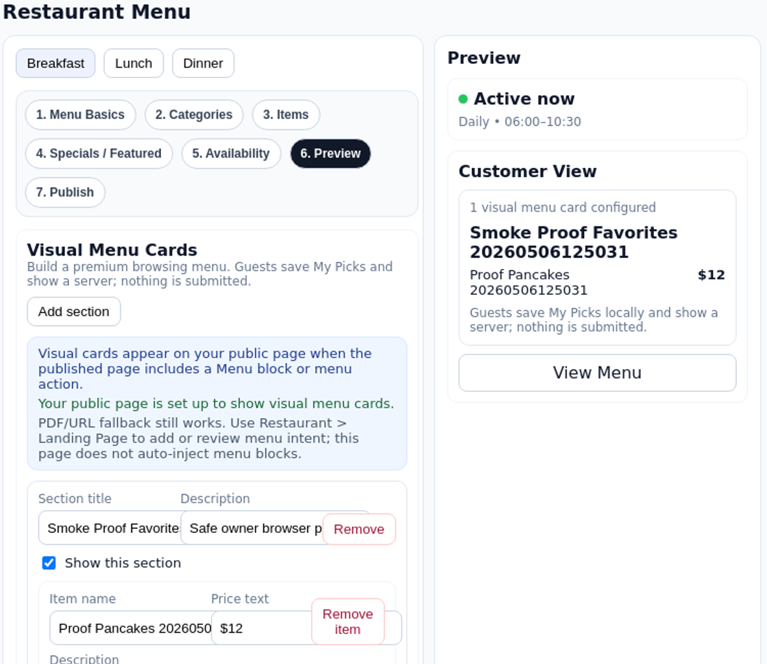 TappDatta restaurant owner menu setup wizard