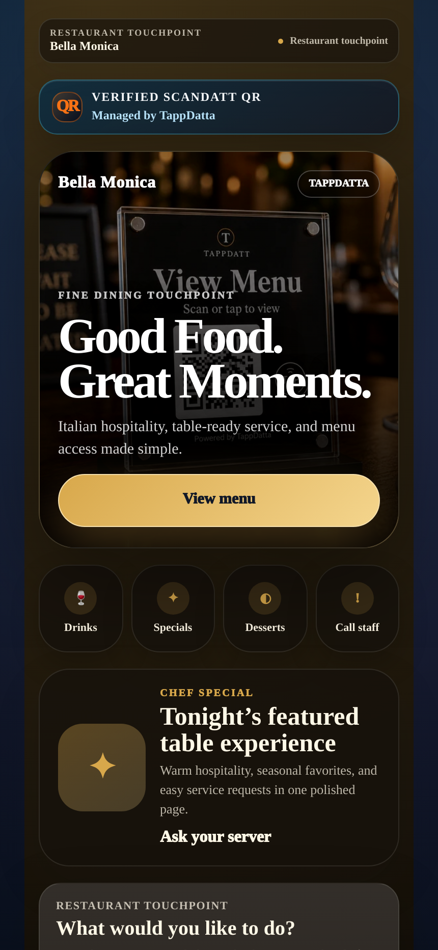 Bella Monica public restaurant landing page on a live table touchpoint