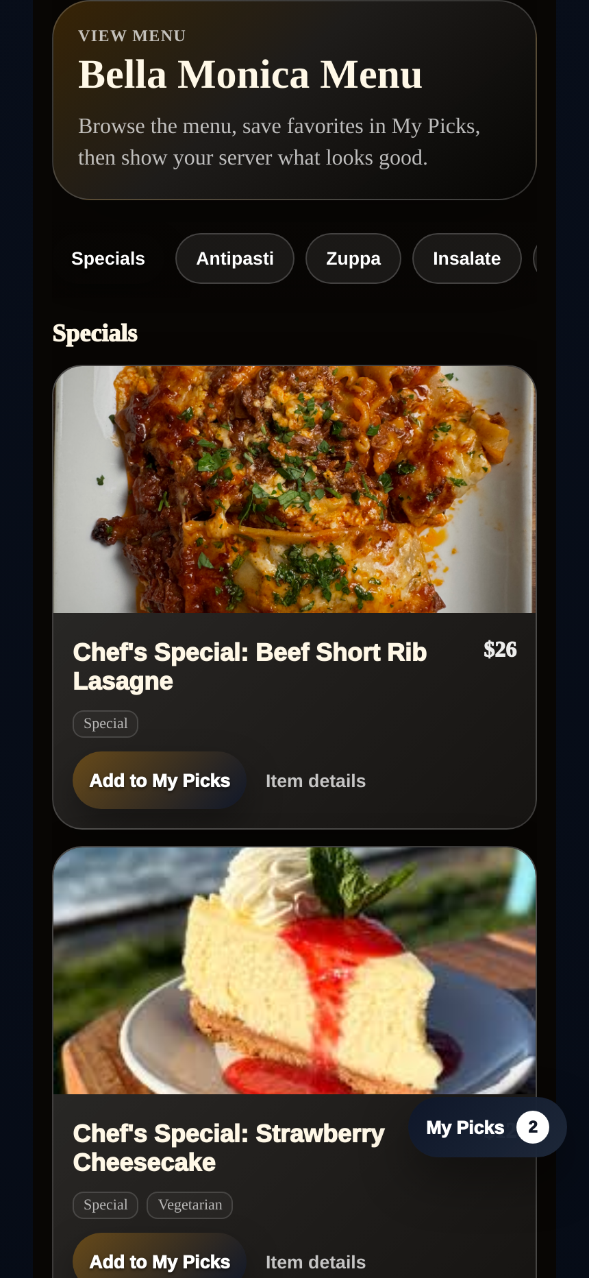 Bella Monica My Picks on the current live restaurant guest experience