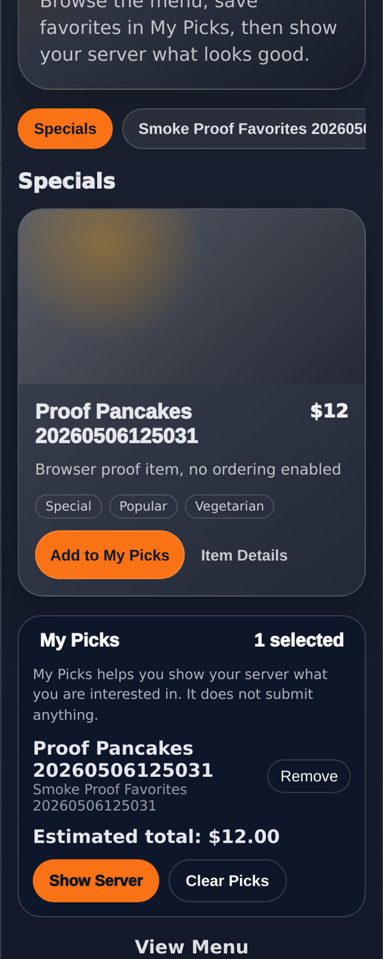 TappDatta Restaurant My Picks guest menu summary