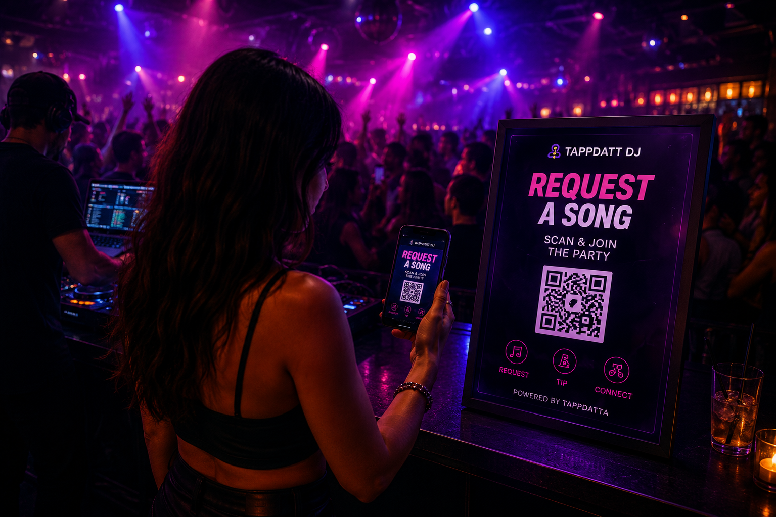 TAPP DJ booth view with crowd-facing poster energy