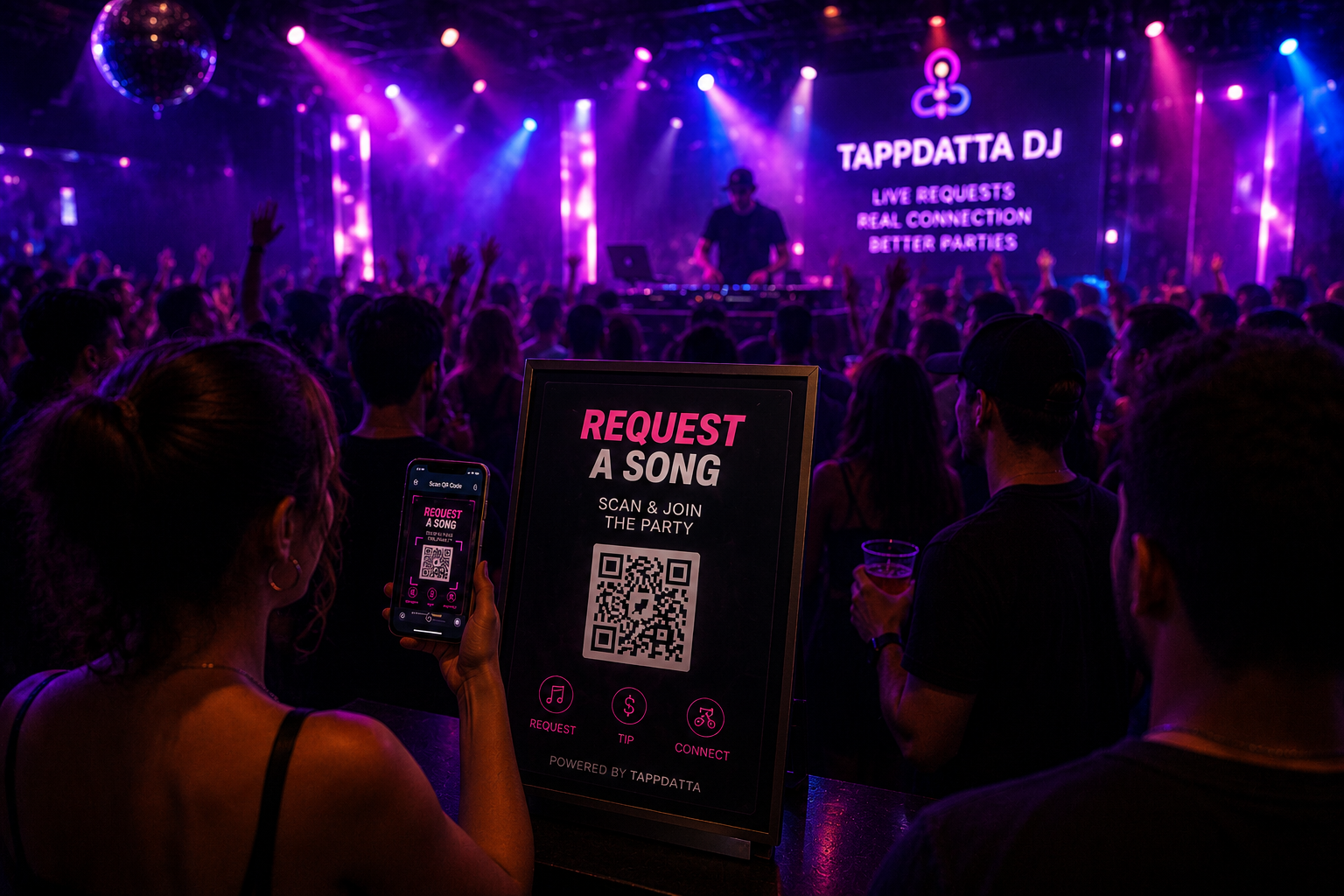 Crowd-facing TAPP DJ branded nightlife photo