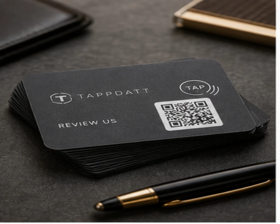 Flat smart business card product photo with QR and optional NFC-ready form factor